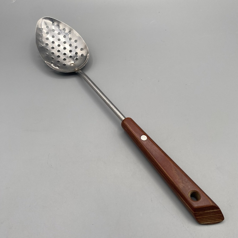 Vintage P & G Stainless USA Utensil 1pc Wood Handle Slotted Serving Spoon